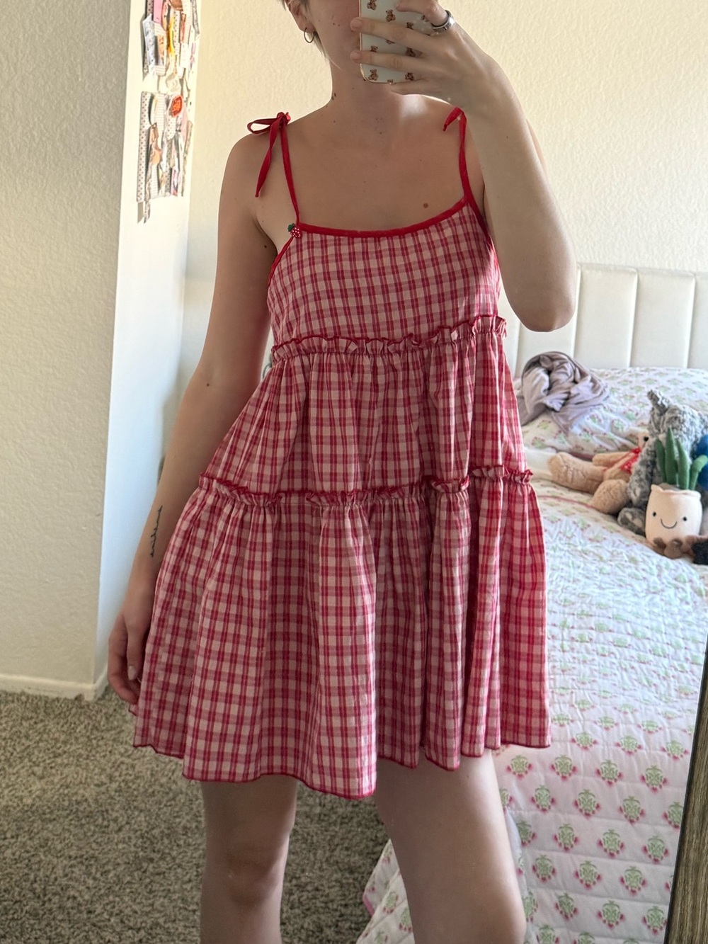 Red Gingham Tie-Strap Tiered Dress